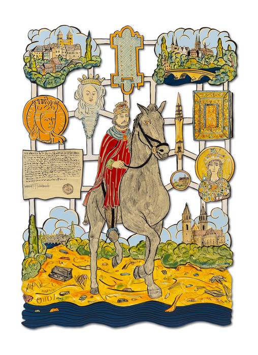 Emaillebild mit Otto der Große auf einem Pferd in der Mitte, um ihn herum Stationen seines Lebens.