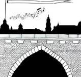 schwarz-weiß Zeichnung, Burgmauer mit Burgtor vorn, dahinter Türme eines Schlosses und Musiknoten auf Notenlinien