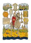 Emaillebild mit Otto der Große auf einem Pferd in der Mitte, um ihn herum Stationen seines Lebens.