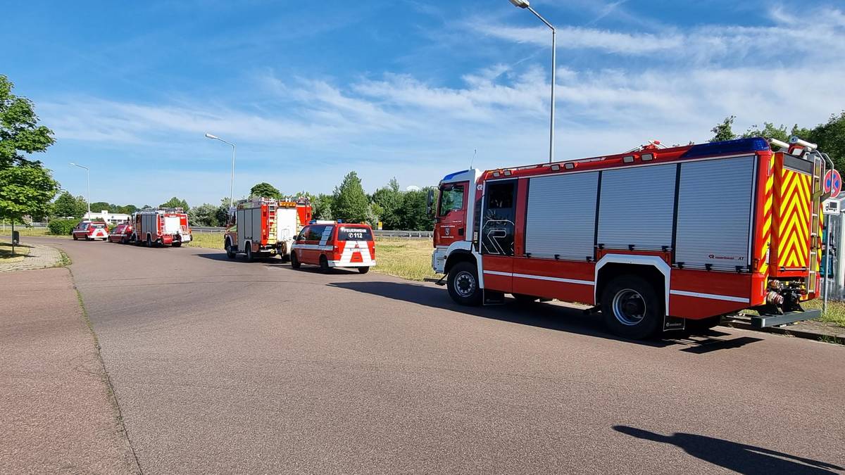 An einer Straße sind am rechten Rand Feuerwehrfahrzeuge aufgereiht ©Landkreis Saalekreis